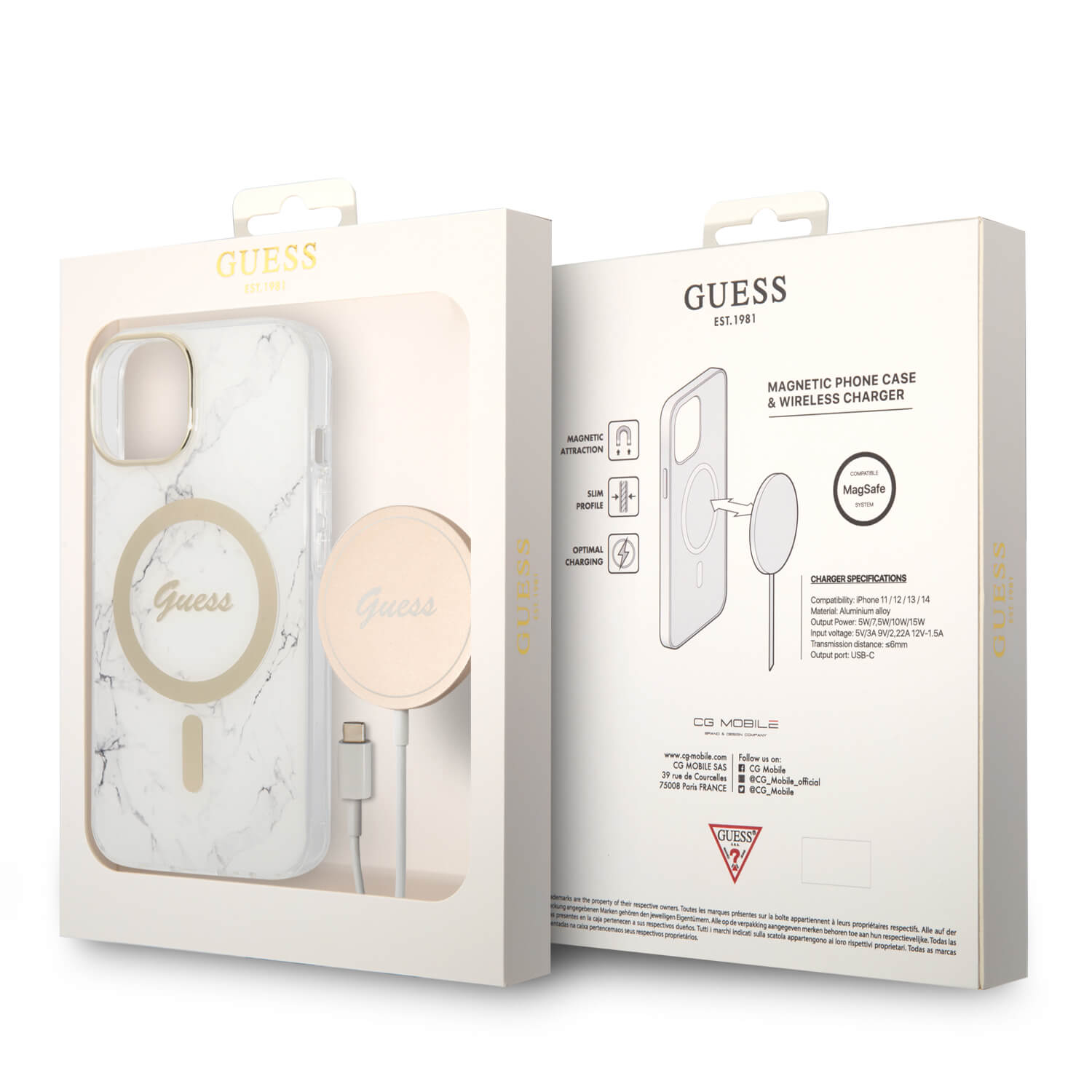 Guess iPhone 15 / 14 / 13 - Bundle Pack - Σετ Σκληρή Θήκη με Πλαίσιο Σιλικόνης και Ασύρματος Φορτιστής MagSafe - Design Marble MagSafe - White - GUBPP14SHMEACSH