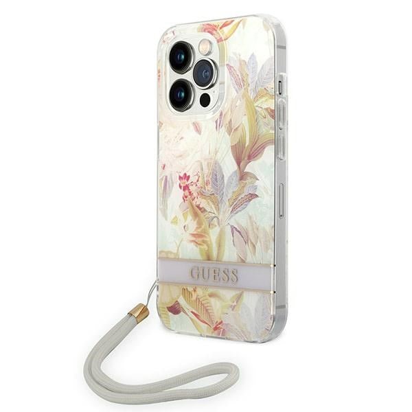 Guess iPhone 14 Pro Flower Strap Σκληρή Θήκη με Πλαίσιο Σιλικόνης και Λουράκι - Purple - GUOHCP14LHFLSU