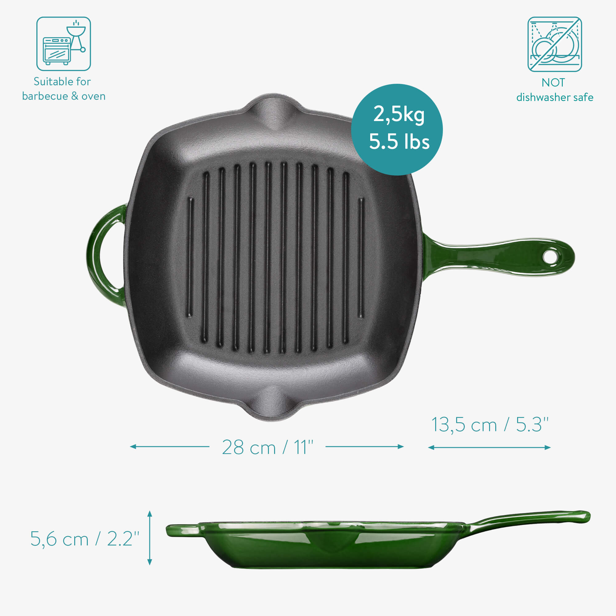 Navaris Μαντεμένια Γκριλιέρα - 28cm - Green - 52481.02.07