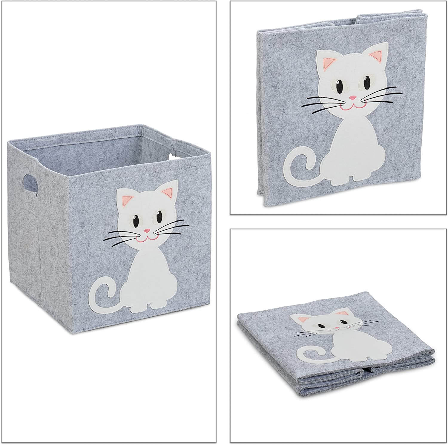 Relaxdays Παιδικό Καλάθι Αποθήκευσης από Τσόχα - Cat - Grey - 4052025977368