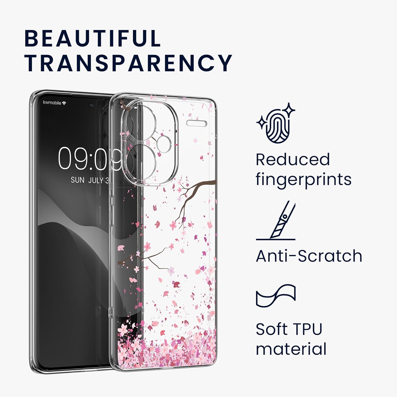 KW Xiaomi Redmi Note 13 Pro+ 5G Θήκη Σιλικόνης TPU με Αντιχαρακτικό Γυαλί - Design Cherry Blossoms Petals - Pink / Dark Brown / Διάφανη