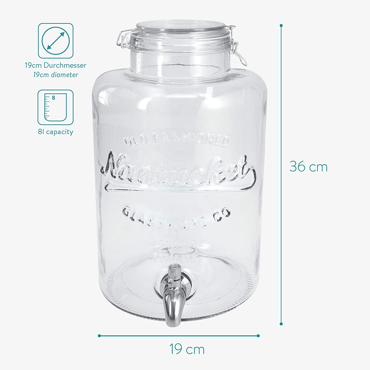 Navaris Drinks Dispenser Γυάλινος Διανεμητής Ποτού - 8L - Διάφανο - 51379.01
