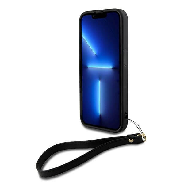 DKNY iPhone 15 Pro - Wrist Strap Stock Logo - Σκληρή Θήκη με Επένδυση Συνθετικού Δέρματος με Λουράκι - Black