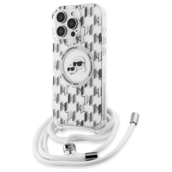 Karl Lagerfeld iPhone 16 Pro - IML Crossbody Monogram Karl and Choupette Head - MagSafe Σκληρή Θήκη με Πλαίσιο Σιλικόνης και Λουράκι - Διάφανη - KLHMP16LHCKCKLCT