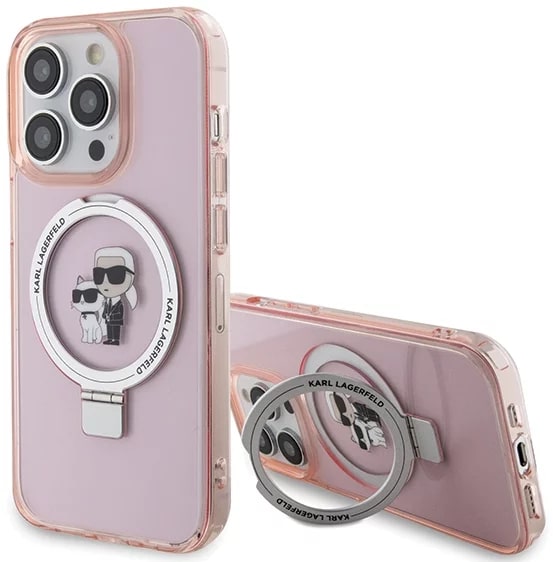 Karl Lagerfeld iPhone 15 Pro Max Ring Stand Karl and Choupette MagSafe Σκληρή Θήκη με Πλαίσιο Σιλικόνης και MagSafe - Διάφανη / Pink - KLHMP15XHMRSKCP