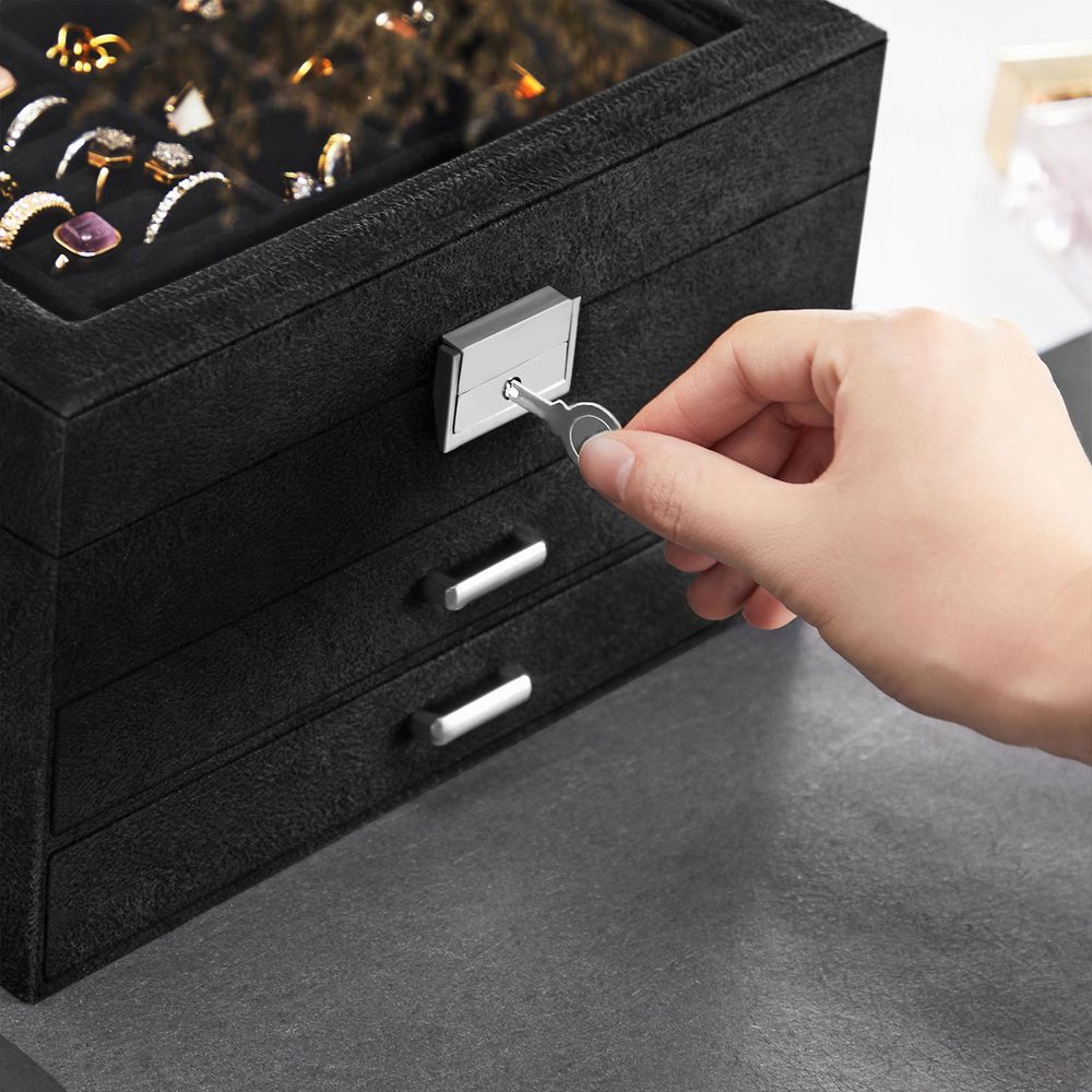 Songmics Κουτί Αποθήκευσης Κοσμημάτων με Συρτάρια και Γυάλινο Καπάκι - Black - JBC158B01