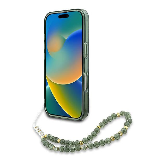 Guess iPhone 16 Pro - IML Flowers Allover Electro With Pearl Strap MagSafe - Σκληρή Θήκη με Πλαίσιο Σιλικόνης και Λουράκι - White / Green - GUHMP16LHCPOFPA