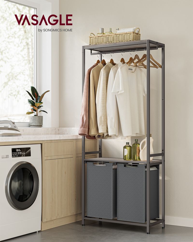 Vasagle Καλάθι Απλύτων 2 Διαμερισμάτων με 2 Ράφια και Ράγα Ρούχων - 73 x 33 x 177 cm - Greige / Slate Grey - BLH231G02