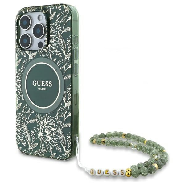 Guess iPhone 16 Pro Max - IML Flowers Allover Electro With Pearl Strap MagSafe - Σκληρή Θήκη με Πλαίσιο Σιλικόνης και Λουράκι - Green - GUHMP16XHCPOFPA