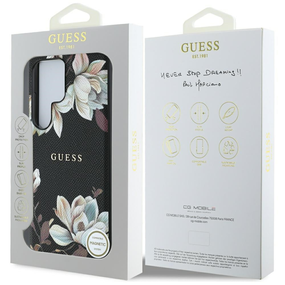 Guess Samsung Galaxy S25 Ultra - Grained Printed Flower Pattern - Θήκη με Επένδυση Συνθετικού Δέρματος και MagSafe - Black - GUHMS25LPGNMPLMK