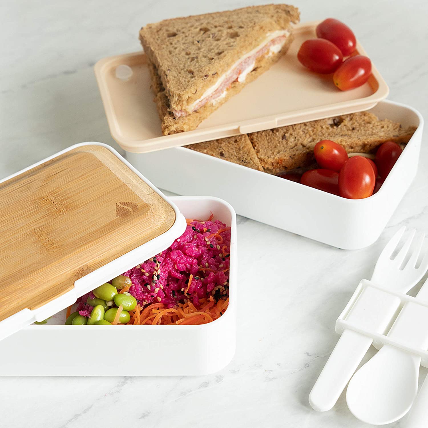 Navaris Bento Box Set Δύο Δοχεία Φαγητού με Μαχαιροπίρουνα και Καπάκι από Μπαμπού - 1.2L - White - 47407.01.16