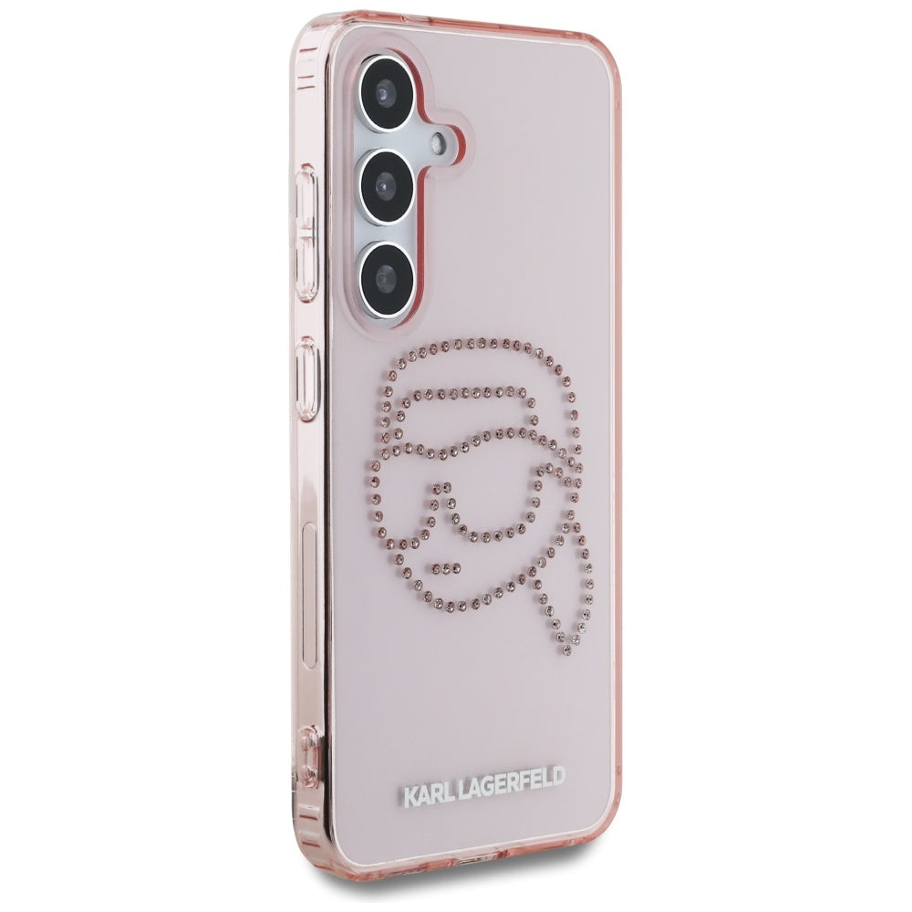 Karl Lagerfeld Samsung Galaxy S25 - Rhinestones Karl Head Logo - Σκληρή Θήκη με Πλαίσιο Σιλικόνης - Pink - KLHCS25SHKHDCELP