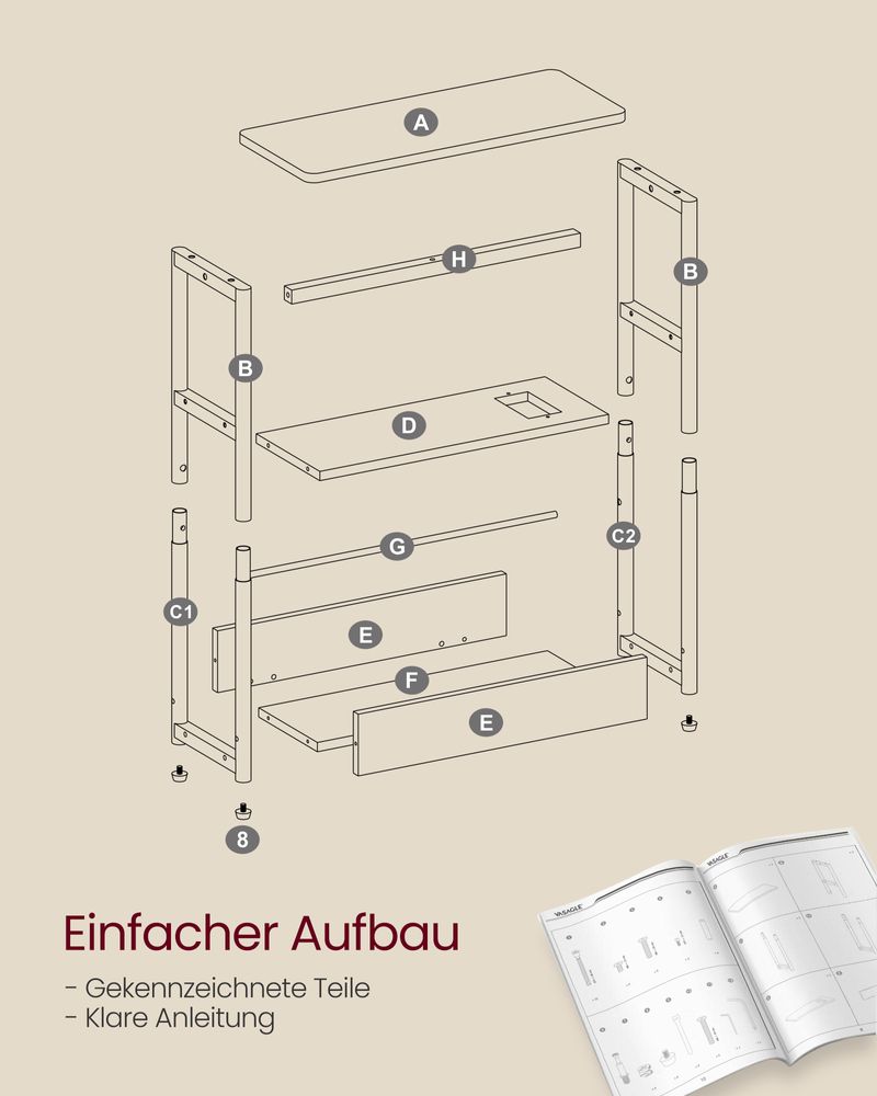 Vasagle Στενό Βοηθητικό Τραπεζάκι με Ενσωματωμένο Πολύπριζο με 1 Θύρα AC και 2 Θύρες USB - Vintage Brown / Ink Black - LET335K02