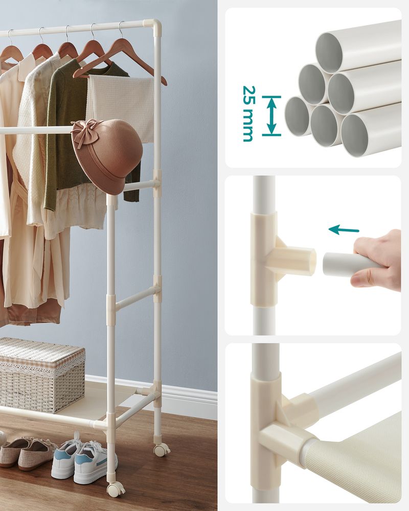 Songmics Κρεμάστρα Δαπέδου με 2 Pάγες Pούχων, 1 Ράφι και Ροδάκια - White - RDR101W02