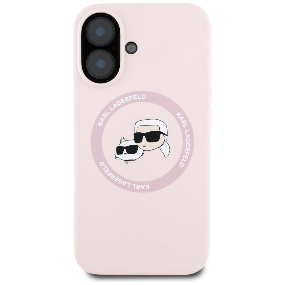 Karl Lagerfeld iPhone 16 - Silicone Double Heads and Circle - Σκληρή Θήκη Σιλικόνης με MagSafe - Pink - KLHMP16SSKCHTCP