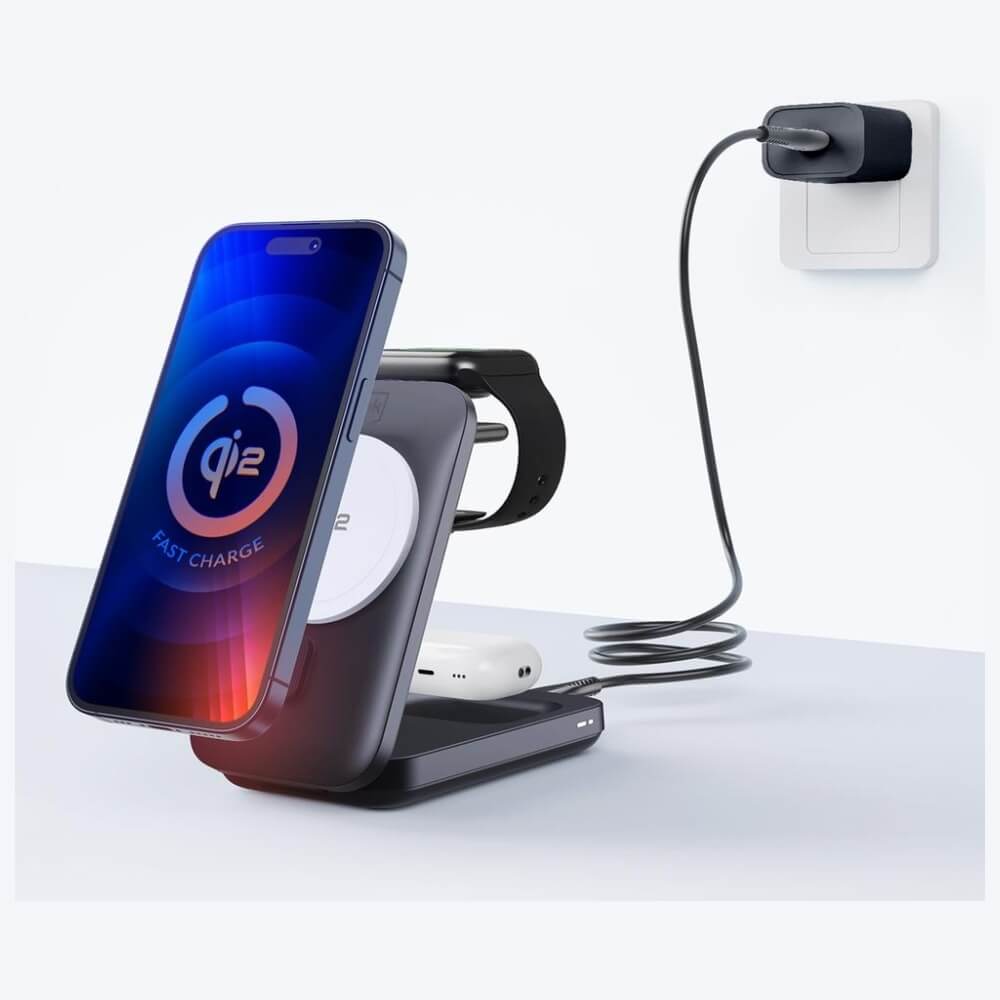 3MK 3in1 Ασύρματος Φορτιστής MagRocket Qi2 για Smartphones και Apple Watch και Airpods 15W - Black