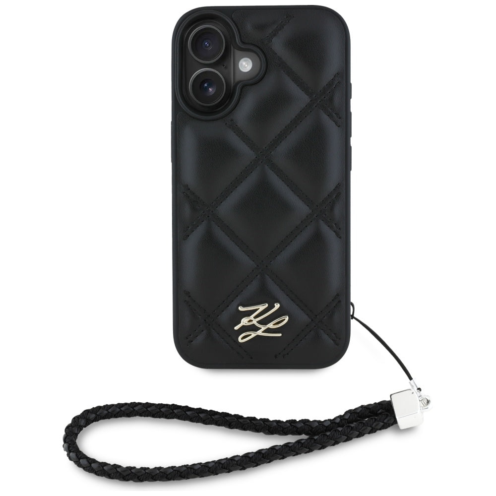 Karl Lagerfeld iPhone 16 - Quilted Initial Logo and Chain Strap - Θήκη με Επένδυση Συνθετικού Δέρματος και Λουράκι - Black - KLHCP16SPSQSKLSMSK - likebrands.gr