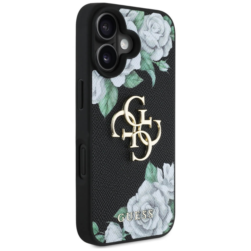 Guess iPhone 16 - Grained Roses Big 4G Logo - Σκληρή Θήκη με Επένδυση από Οικολογικό Δέρμα - Black - GUHCP16SPGROP4MK
