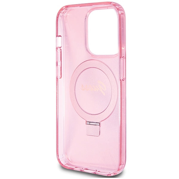 Guess iPhone 15 Pro Max Ring Stand Script Glitter Magsafe Σκληρή Θήκη με Πλαίσιο Σιλικόνης και MagSafe / Stand - Pink - GUHMP15XHRSGSP