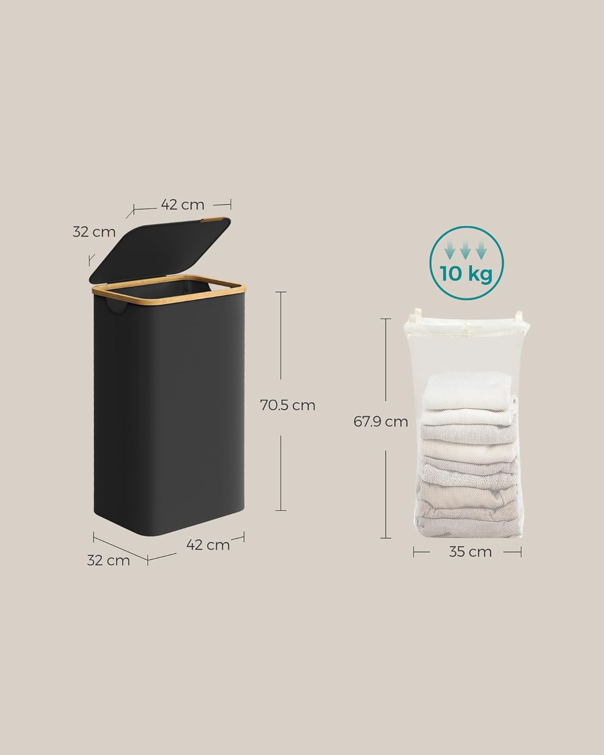 Songmics Καλάθι Απλύτων με Καπάκι και Αποσπώμενο Εσωτερικό Σάκο - 90L - Ink Black - LCB509B01