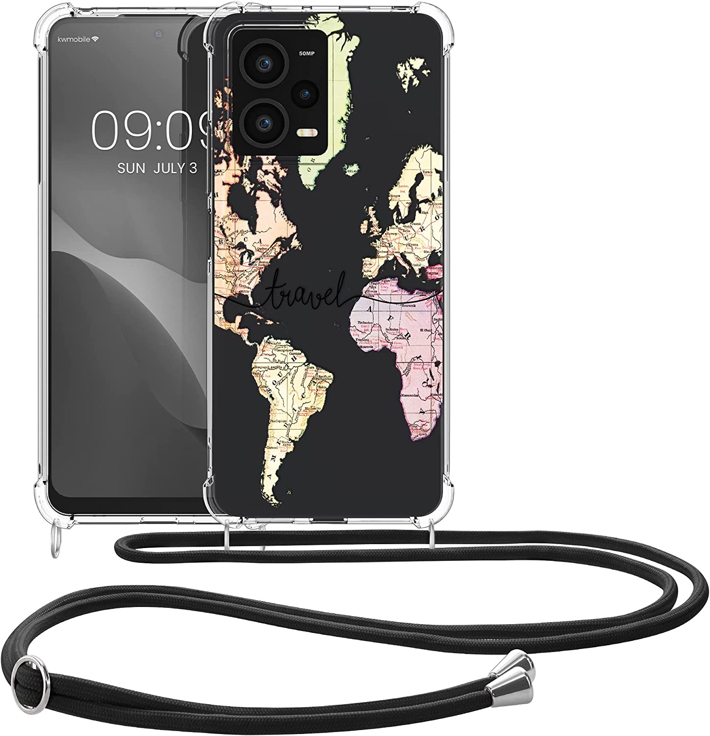 KW Xiaomi Redmi Note 12 Pro Θήκη Σιλικόνης TPU με Λουράκι - Design Travel - Black / Multicolor / Διάφανη - 60716.02