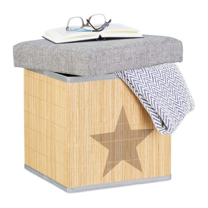 Relaxdays Αναδιπλούμενο Σκαμπό με Καπάκι - Star Pattern Square - 36 x 36 x 36 cm - Grey / Natural - 4052025217945