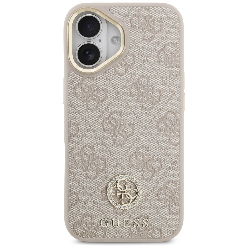 Guess iPhone 17 - 4G Strass Logo and Big Strap Metal Buttons MagSafe - Θήκη με Επένδυση Συνθετικού Δέρματος και Λουράκι - Pink - GUHMP17SP4G4DCSP