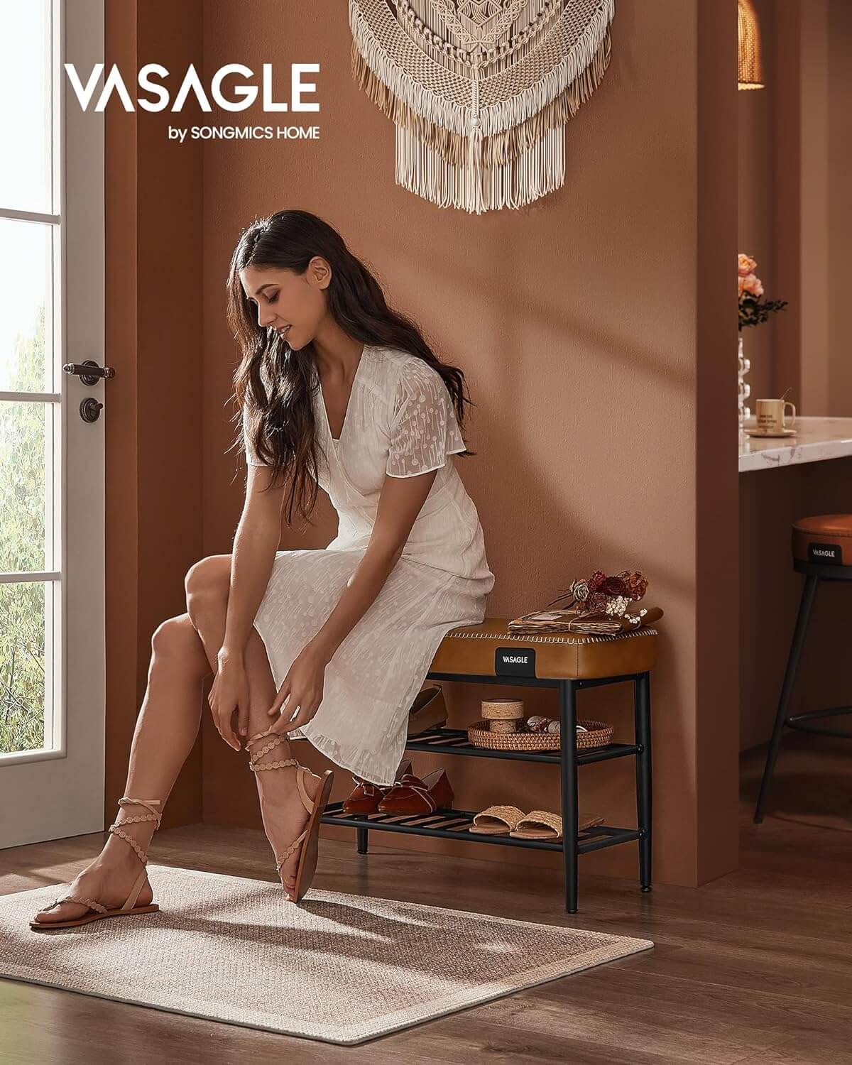 Vasagle EKHO Πάγκος / Σκαμπό με Κάθισμα από Συνθετικό δέρμα και 2 Ράφια - 30 x 80 x 50 cm - Caramel Brown - LSB054K01