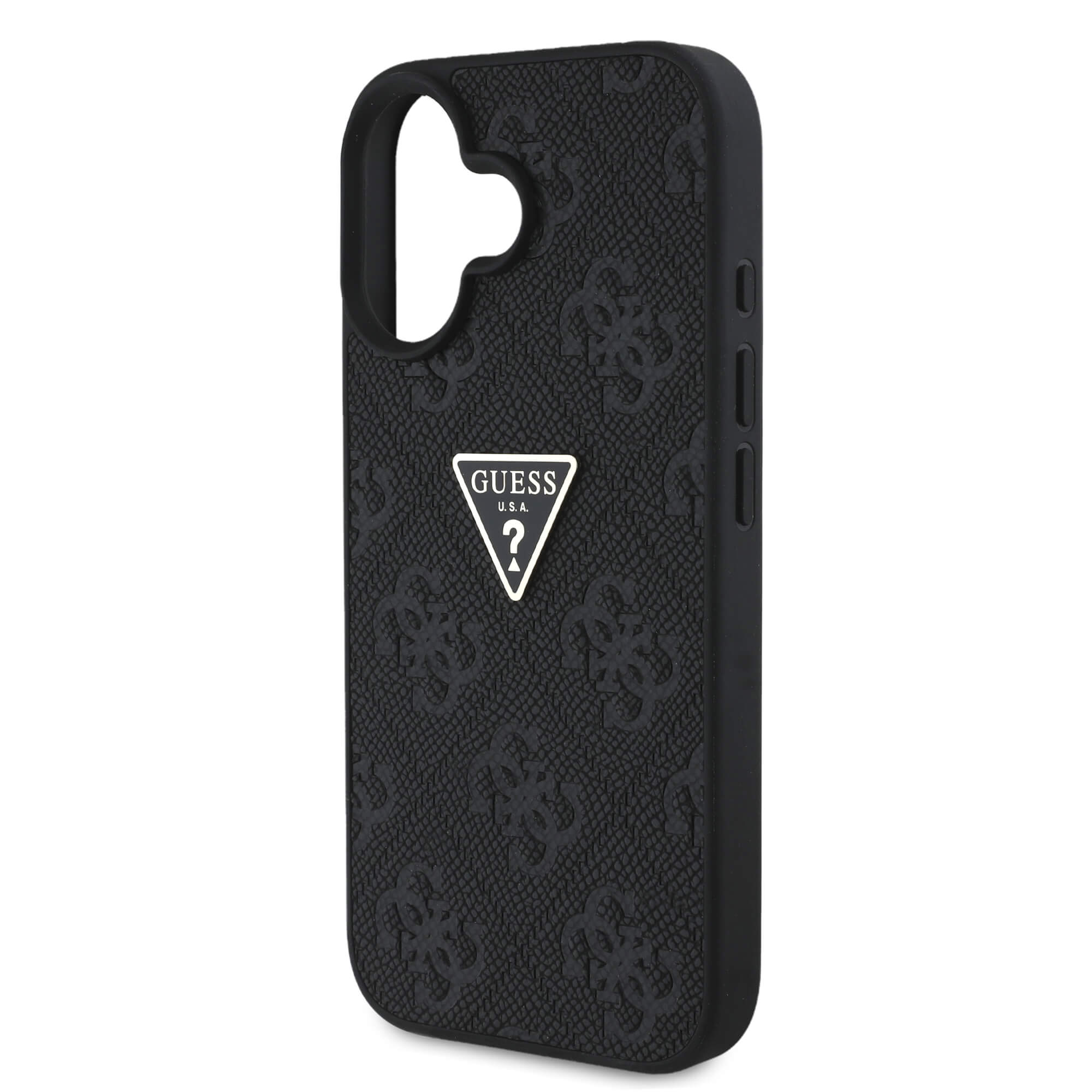 Guess iPhone 16 - Hot Stamp 4G Pattern Triangle Metal Logo - Θήκη με Επένδυση Συνθετικού Δέρματος και Πλαίσιο Σιλικόνης - Black - GUHCP16SPGP4STRK