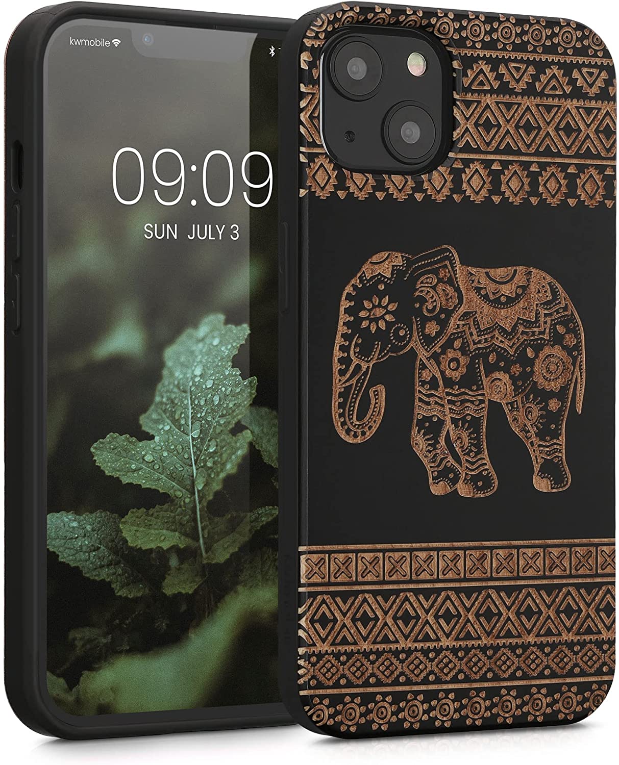 KW iPhone 13 Θήκη από Φυσικό Ξύλο - Design Wood Elephant With Pattern - Light Brown / Black - 55953.11