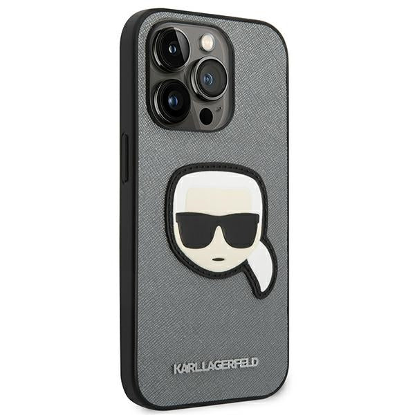 Karl Lagerfeld iPhone 14 Pro - Saffiano Karl's Head Patch Σκληρή Θήκη με Επένδυση Συνθετικού Δέρματος και Πλαίσιο Σιλικόνης - Silver - KLHCP14LSAPKHG