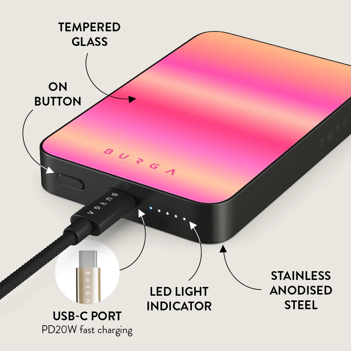 Burga Μαγνητικό Ασύρματο MagSafe PowerBank 5000mAh με Καλώδιο Type - C to Type - C - Gunmetal - SPF 100