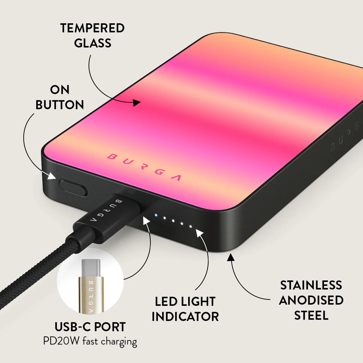 Burga Μαγνητικό Ασύρματο MagSafe PowerBank 5000mAh με Καλώδιο Type-C to Type-C - Gunmetal - SPF 100