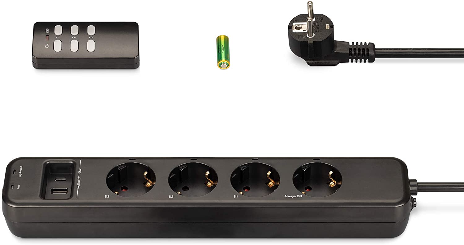 Navaris Πολύπριζο με Τηλεχειριστήριο με 4 Πρίζες, 2 Θύρες USB και 1 Θύρα Type-C - Black - 53169.01