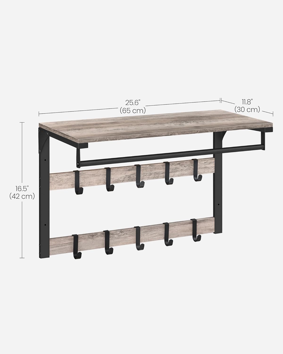 Vasagle Επιτοίχια Κρεμάστρα με Ράφι και 10 Αφαιρούμενους Γάντζους - 65 x 30 x 42 cm - Greige / Black - LCR101B02
