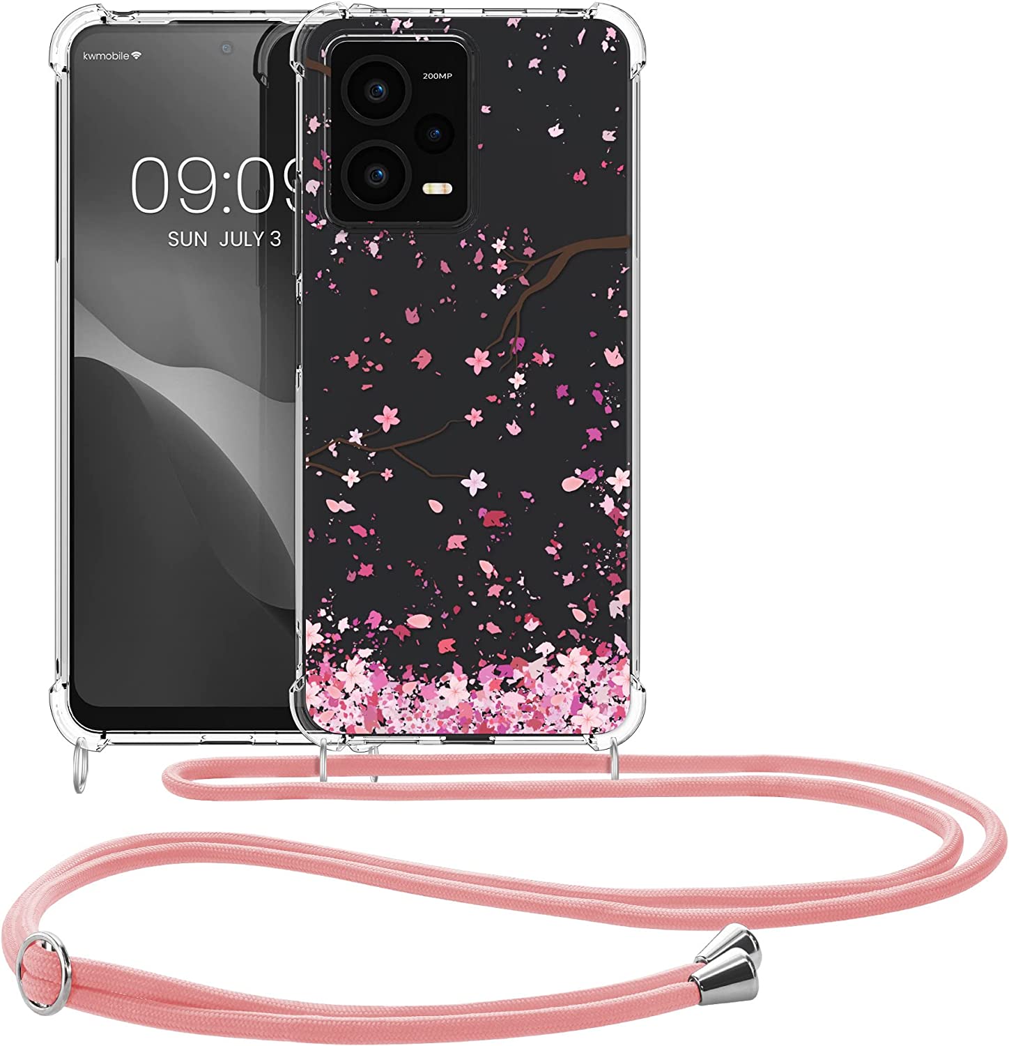 KW Xiaomi Redmi Note 12 Pro+ Θήκη Σιλικόνης TPU με Λουράκι - Design Cherry Blossoms - Pink / Dark Brown / Διάφανη - 60717.01