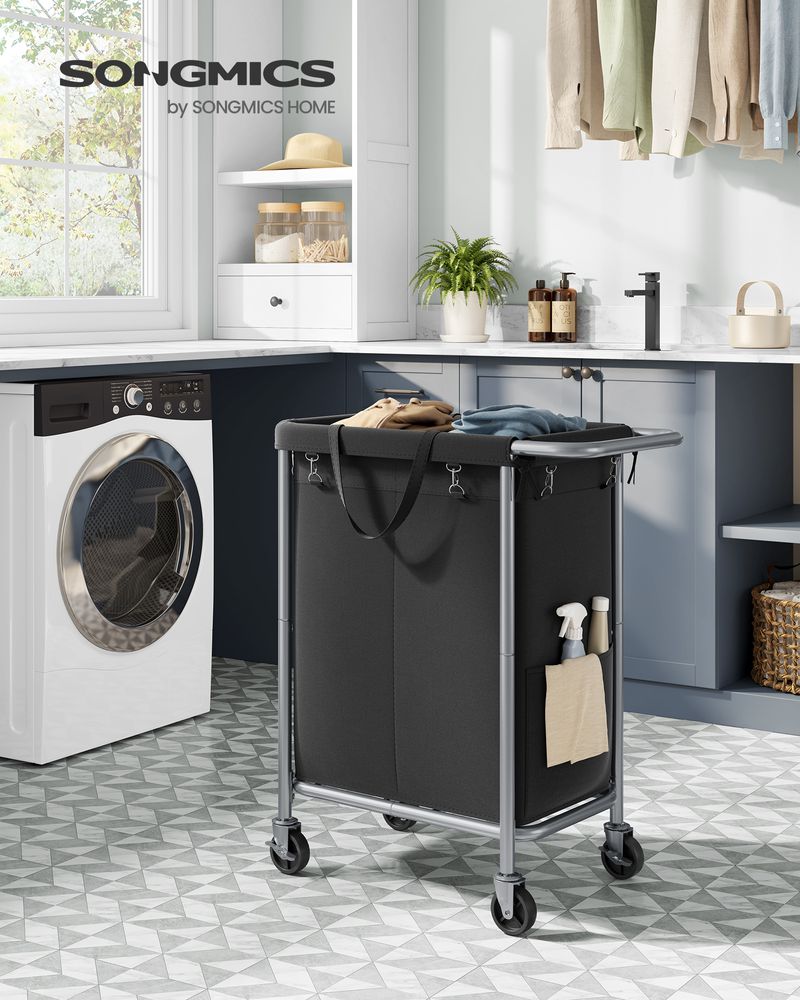 Songmics Τροχήλατο Καλάθι Απλύτων με 2 Χωρίσματα - 140L - Ink Black - RLS004B01