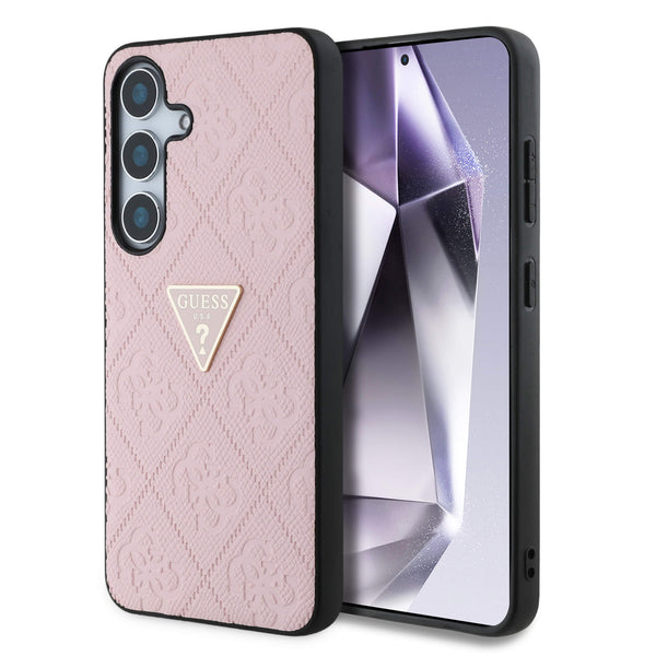Guess Samsung Galaxy S25 - Hot Stamp 4G Pattern Triangle Metal Logo - Θήκη με Επένδυση Συνθετικού Δέρματος και Πλαίσιο Σιλικόνης - Pink - GUHCS25SPGP4STRP