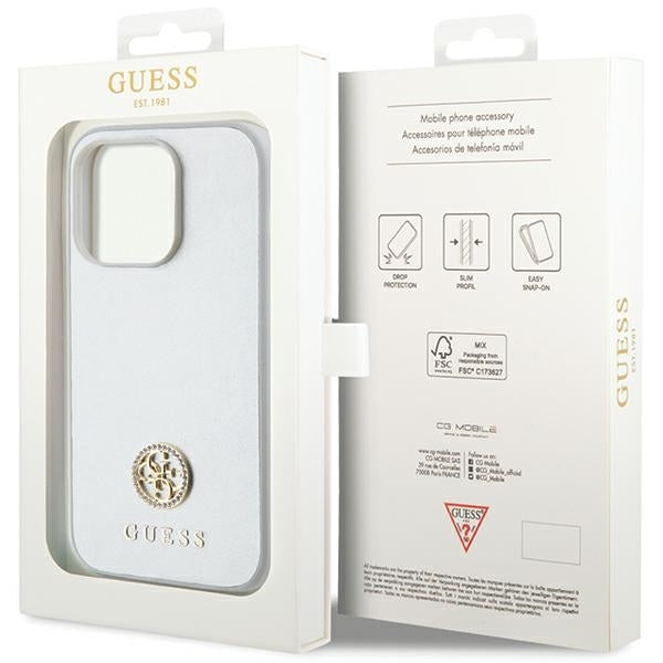 Guess iPhone 15 Pro - 4G Strass Metal Logo Θήκη με Επένδυση Συνθετικού Δέρματος - Silver - GUHCP15LPS4DGPS