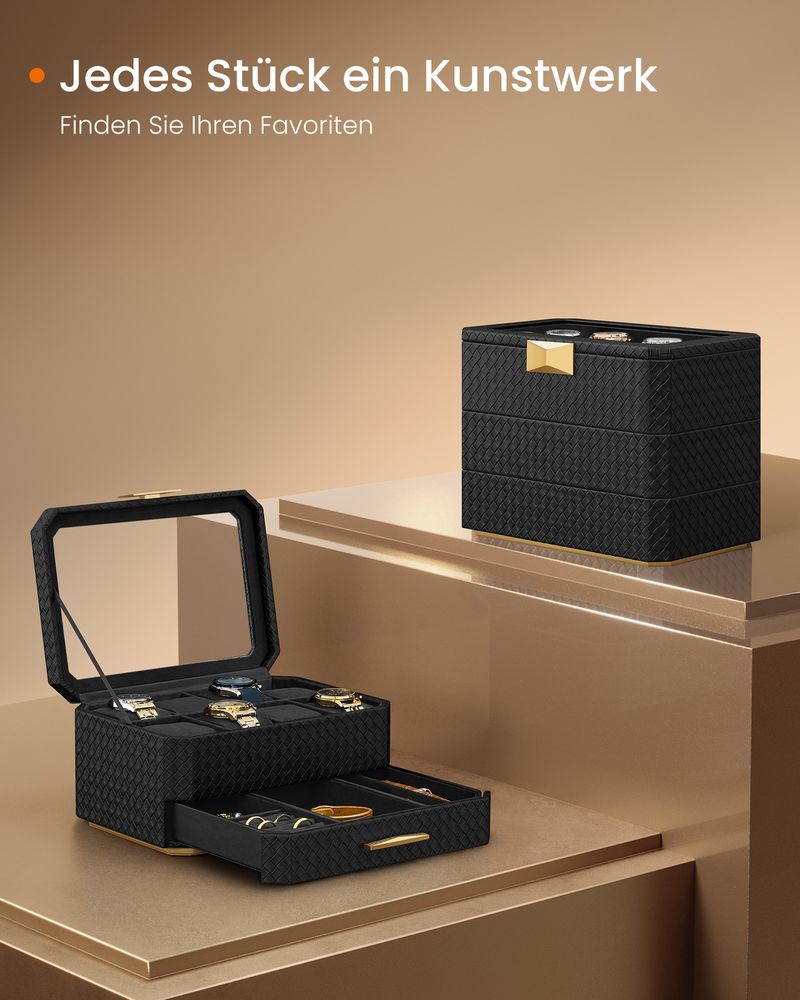 Songmics Κουτί Αποθήκευσης Κοσμημάτων και Pολογιών με 3 Επίπεδα - Ink Black - JWB021B01