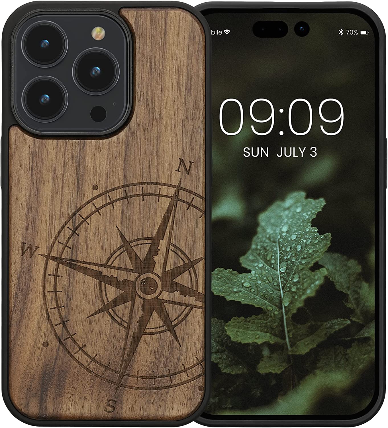 KW iPhone 14 Pro Θήκη από Φυσικό Ξύλο Design Navigational Compass - Dark Brown - 59126.01