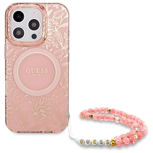 Guess iPhone 16 Pro - IML Flowers Allover Electro With Pearl Strap MagSafe - Σκληρή Θήκη με Πλαίσιο Σιλικόνης και Λουράκι - Pink - GUHMP16LHCPOFPP
