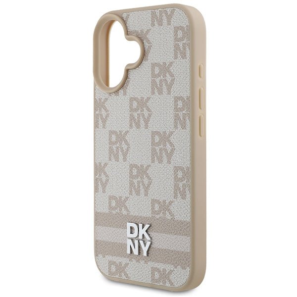 DKNY iPhone 16 - Checkered Pattern and Printed Stripes - Σκληρή Θήκη με Επένδυση Συνθετικού Δέρματος - Pink