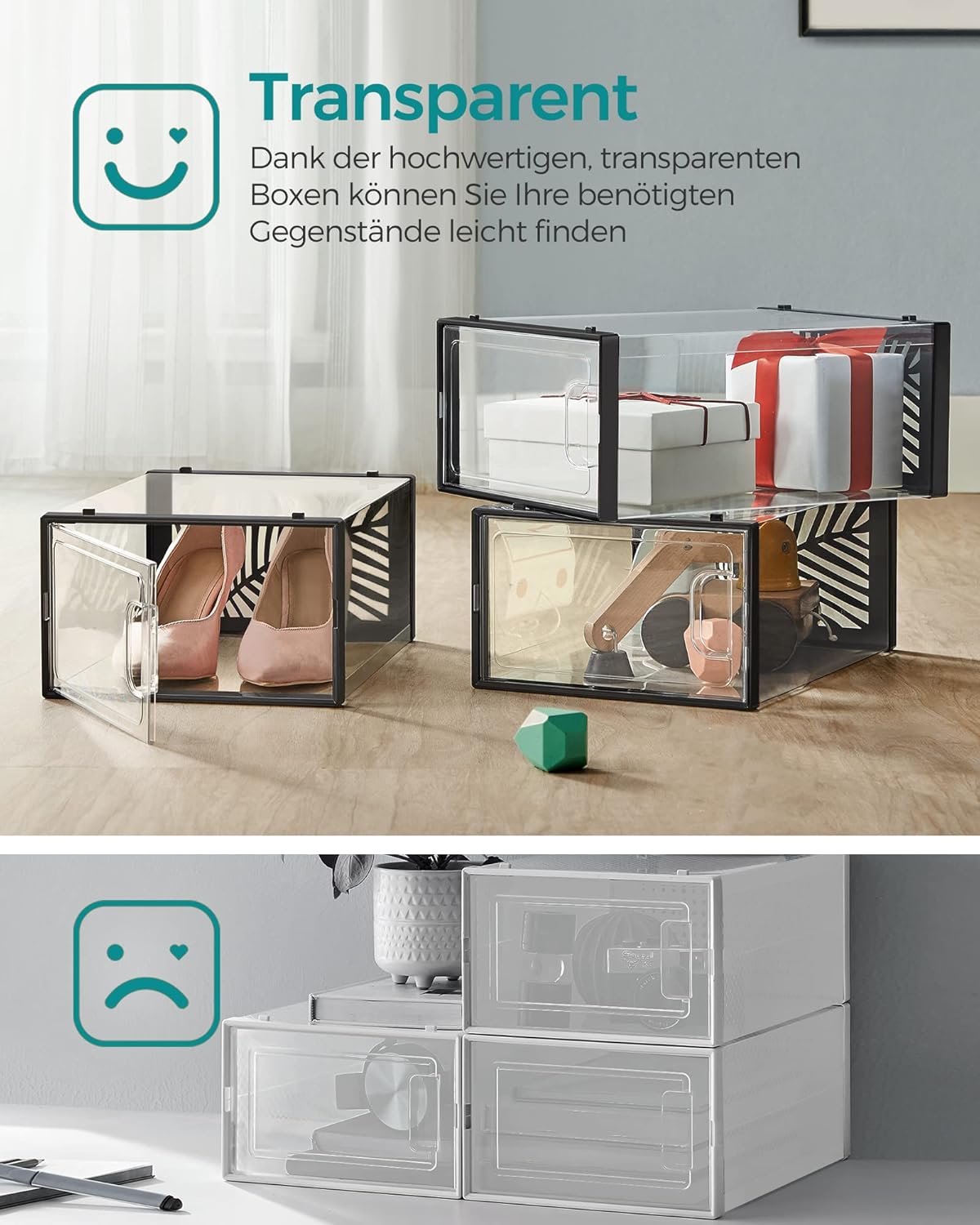 Songmics Σετ με 18 Πλαστικά Κουτιά Αποθήκευσης Υποδημάτων - Black / Διάφανα - LSP106B18