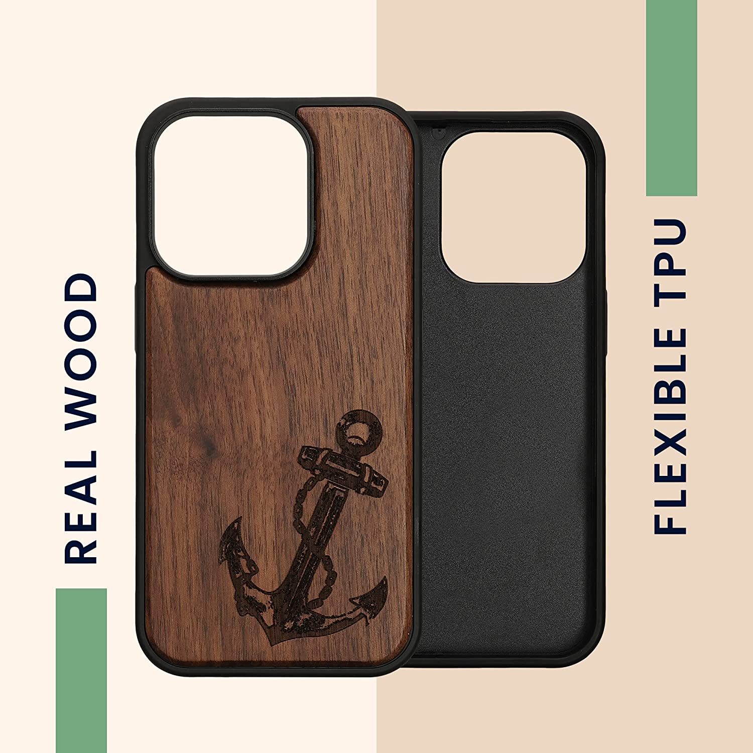 KW iPhone 14 Pro Θήκη από Φυσικό Ξύλο - Design Vintage Anchor - Dark Brown - 59126.04