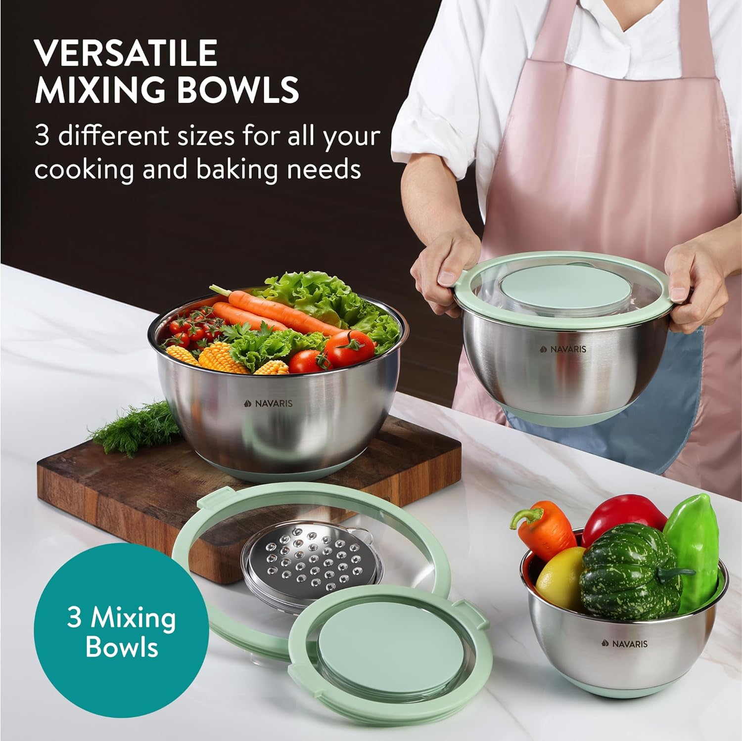 Navaris Σετ με 3 Μπολ Ανάμειξης από Ανοξείδωτο Ατσάλι με καπάκι και 3 Τρίφτες - Mint Green