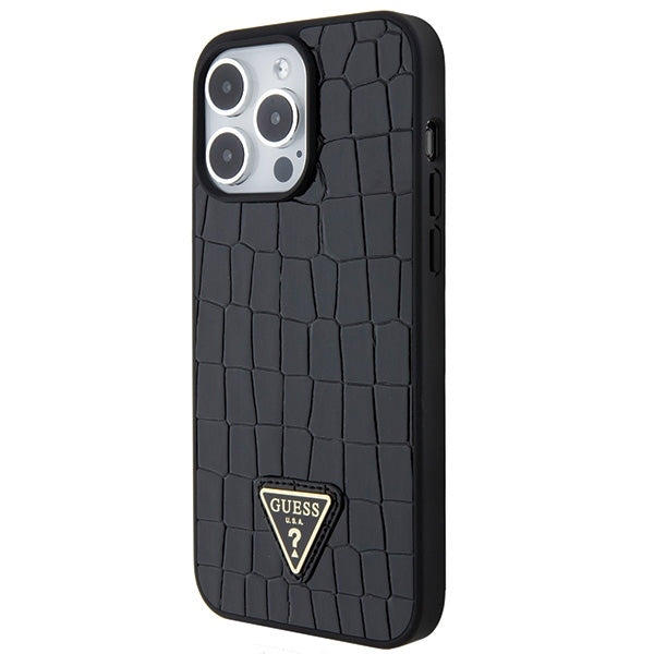 Guess iPhone 15 Pro Max Croco Triangle Metal Logo Θήκη με Επένδυση Συνθετικού Δέρματος και Πλαίσιο Σιλικόνης - Black - GUHCP15XPCRTHCK