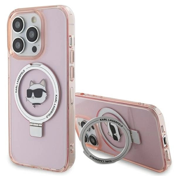 Karl Lagerfeld iPhone 15 Pro Max Ring Stand Choupette Head MagSafe Σκληρή Θήκη με Πλαίσιο Σιλικόνης και MagSafe - Διάφανη / Pink - KLHMP15XHMRSCHP