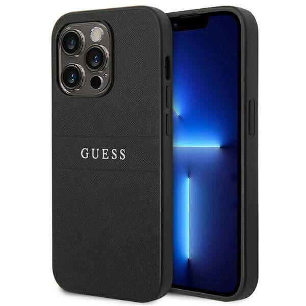 Guess iPhone 14 Pro Saffiano Stripe Σκληρή Θήκη με Πλαίσιο Σιλικόνης - Black - GUHCP14LPSASBK