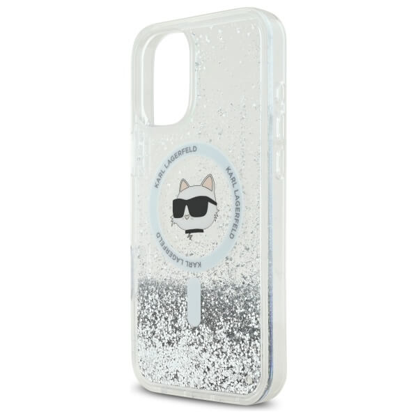 Karl Lagerfeld iPhone 16 - Liquid Glitter Choupette Head MagSafe - Σκληρή Θήκη με Πλαίσιο Σιλικόνης - Διάφανη - KLHMP16SLGCHSGH